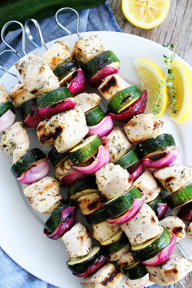 easy chicken and zucchini kabobs on plate