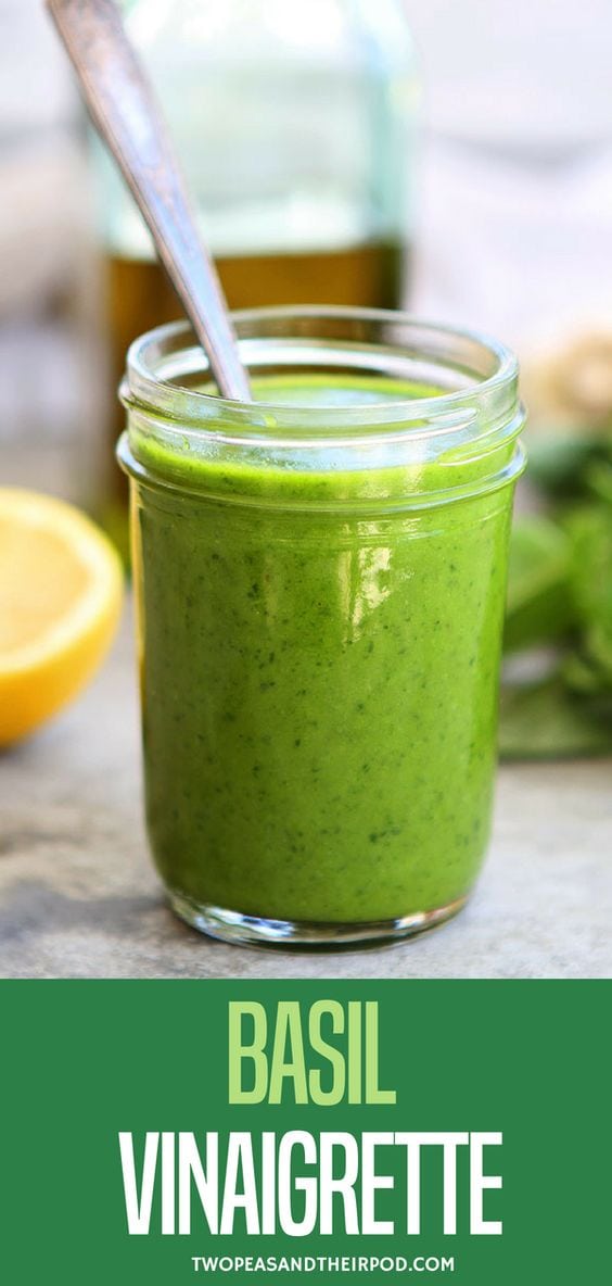 This easy basil vinaigrette is great as a salad dressing or sauce for chicken, fish, vegetables, or pasta. It is great to have on hand! #healthy #easyrecipe #healthyeating #healthyrecipe #saladdressing Visit twopeasandtheirpod.com for more simple, fresh, and family friendly meals.