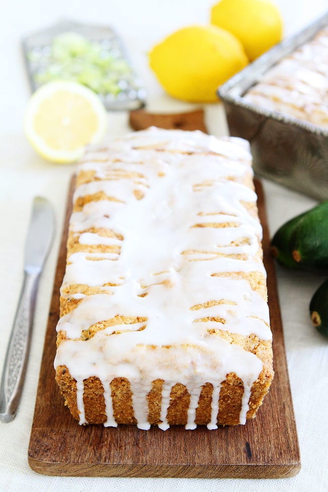 Zucchini bread recipe made with olive oil, lemon, and a sweet lemon glaze