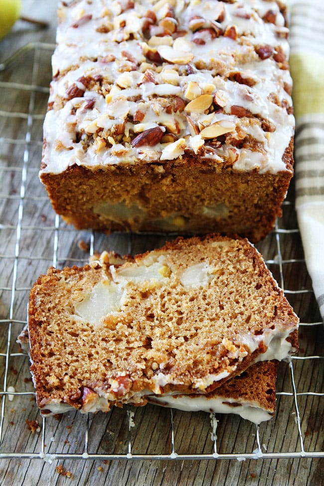 slices of pear bread on cooling rack