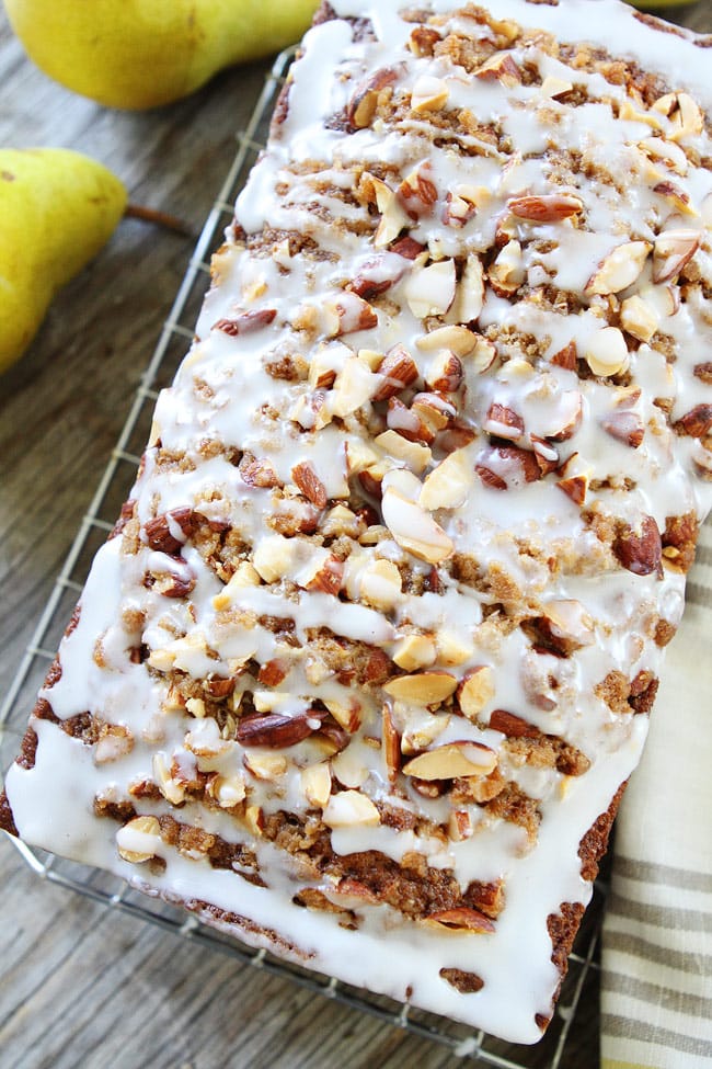 pear bread with almond streusel topping and almond glaze
