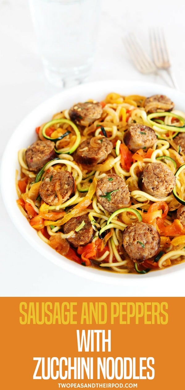 Sweet and spicy Italian sausage with peppers, onions, and zucchini noodles in a simple garlic tomato sauce. A quick and easy dinner that the entire family will love! Visit twopeasandtheirpod.com for more simple, fresh, and family friendly meals. #zucchini #healthy #healthyeating #healthyrecipes