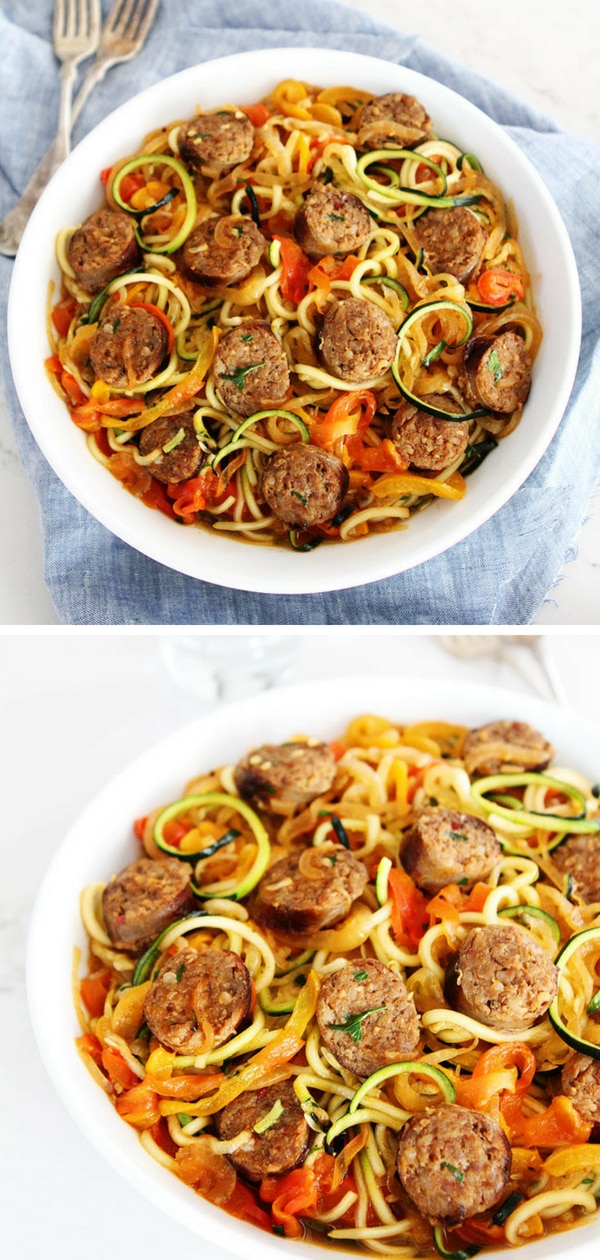 Get out your Inspiralizer and make Sausage and Peppers with Zucchini Noodles for dinner. It is sure to be a hit! The dish has spirliazed zucchini, peppers, and onions. Yes, you can spiralize onions. How fun! Visit twopeasandtheirpod.com for more simple, fresh, and family friendly meals. #zucchini #healthy #healthyeating #healthyrecipes