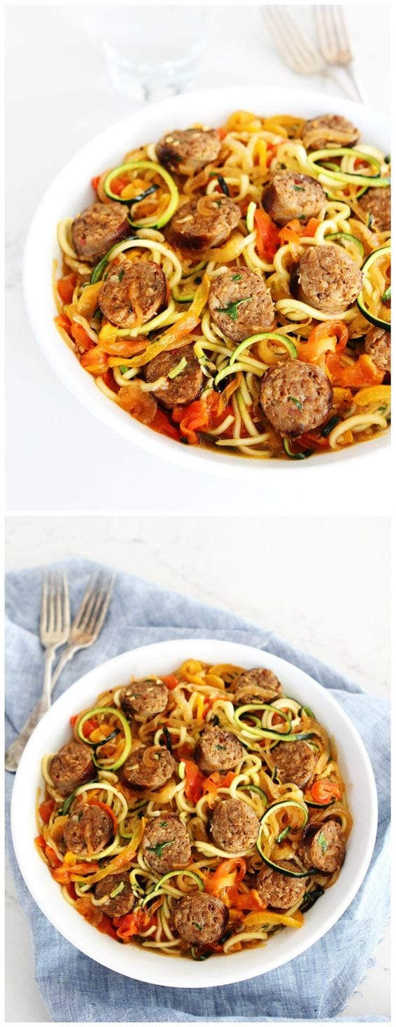 Sausage and Peppers with Zucchini Noodles-sweet and spicy Italian sausage with peppers, onions, and zucchini noodles in a simple garlic tomato sauce. Visit twopeasandtheirpod.com for more simple, fresh, and family friendly meals. #zucchini #healthy #healthyeating #healthyrecipes