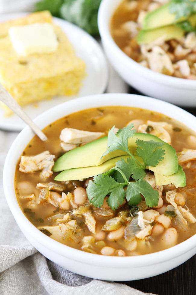 Easy White Chicken Chili topped with avocado and cilantro