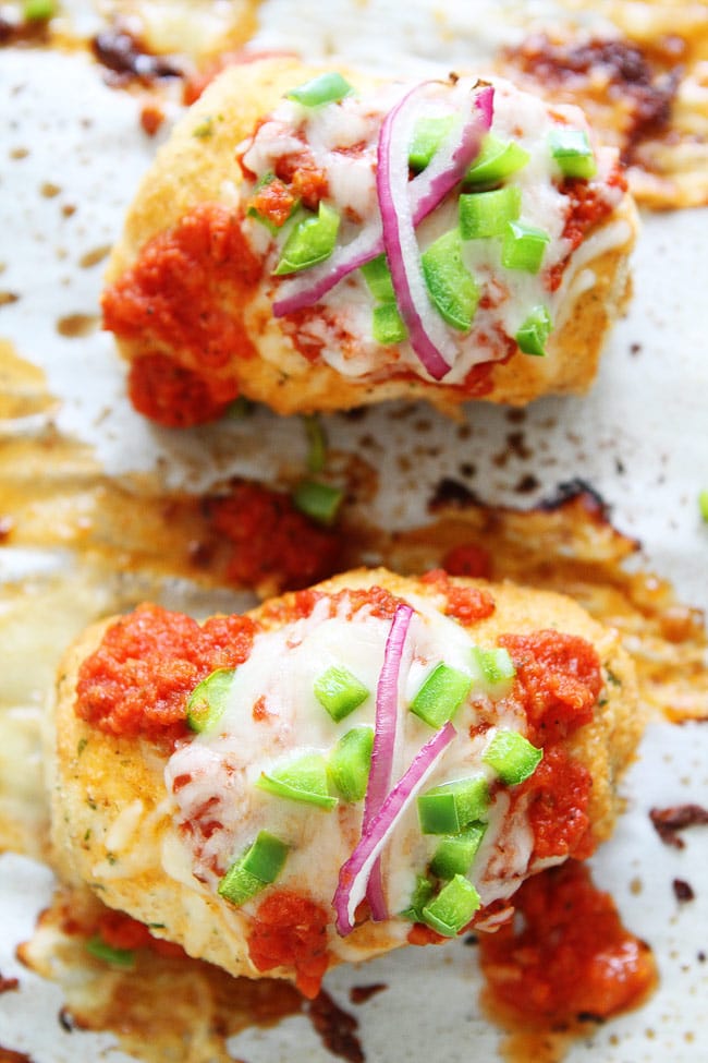 Pizza Stuffed Chicken Roll-Ups on sheet pan