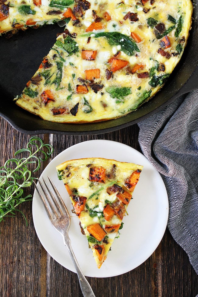 Sweet Potato, Kale, and Goat Cheese Frittata on plate. 