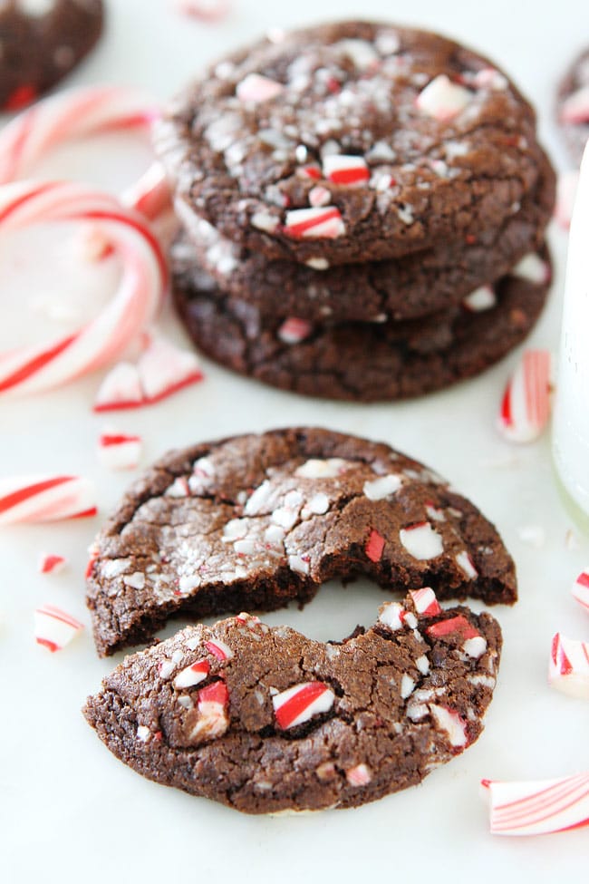 Chocolate Peppermint Crunch Cookie Recipe on twopeasandtheirpod.com Chocolate cookies with chocolate chips, peppermint crunch pieces, and candy cane pieces! These cookies are the PERFECT Christmas cookie! Chocolate Peppermint Crunch Cookie Recipe