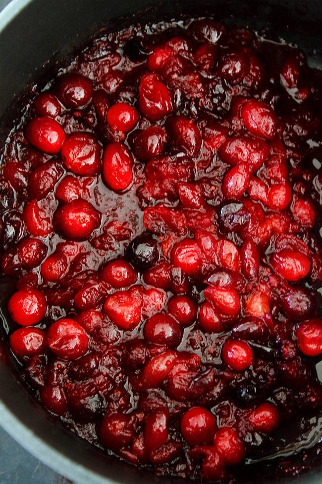 Fresh cranberry sauce in pan.