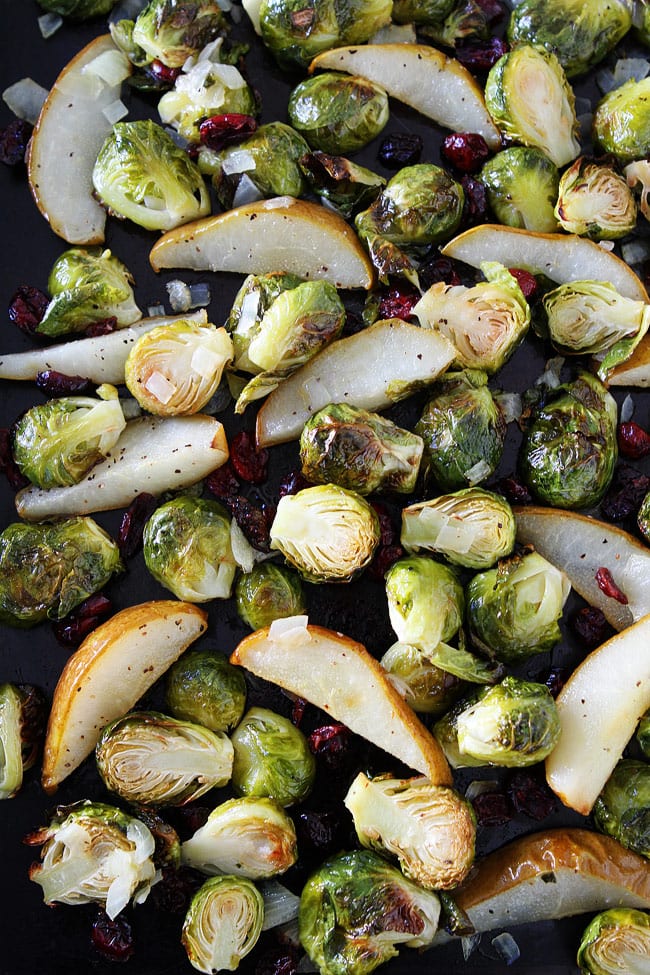 Roasted Pear and Cranberry Brussels Sprouts Recipe