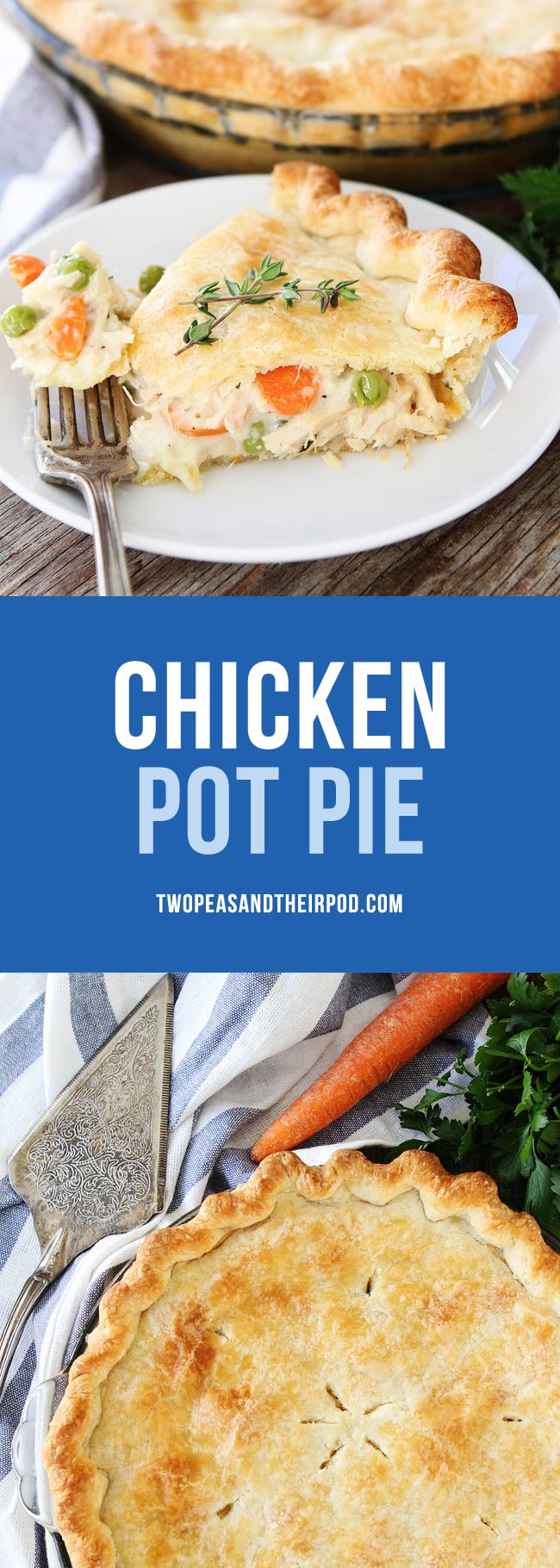 The BEST Chicken Pot Pie Recipe. This easy homemade chicken pot pie is a family favorite recipe. Use rotisserie chicken or leftover turkey for an easy weeknight dinner. #chicken #potpie #dinner #chickenrecipe Visit twopeasandtheirpod.com for more simple, fresh, and family friendly meals. 