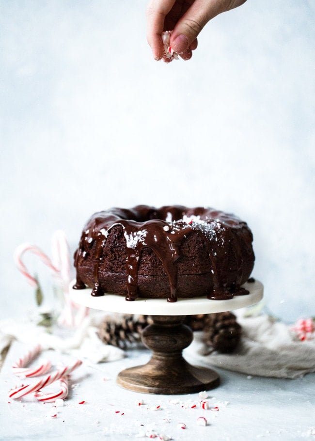Chocolate Peppermint Bundt Cake on cake stand. 