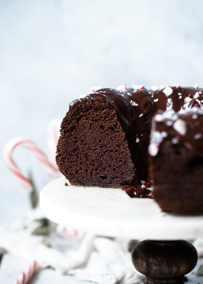 close up of chocolate peppermint bundt cake. 