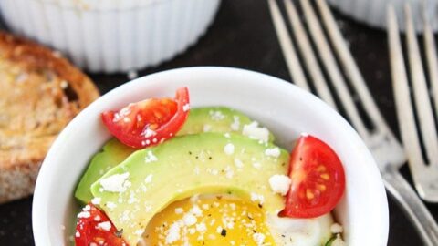 Baked eggs with Spinach and Avocado in ramekins