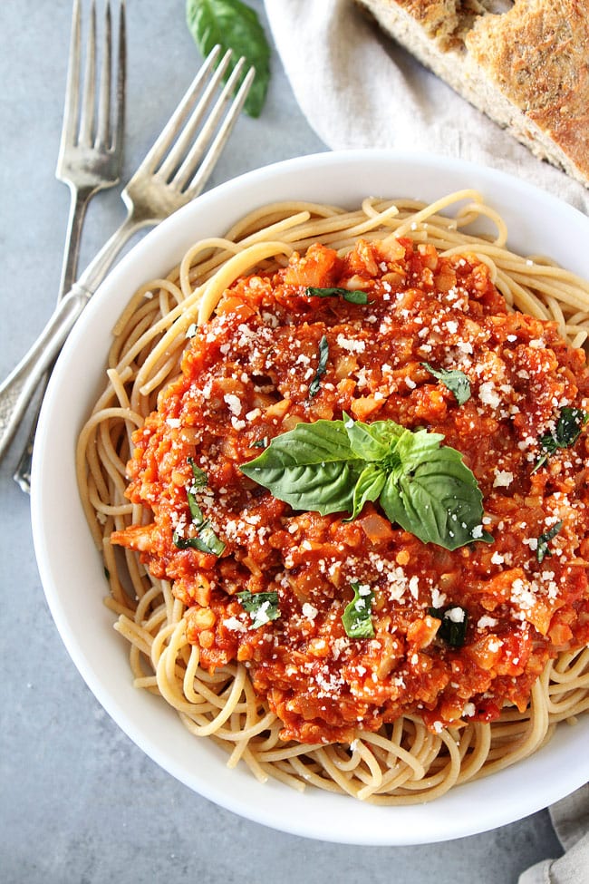 Cauliflower Bolognese Recipe on twopeasandtheirpod.com 