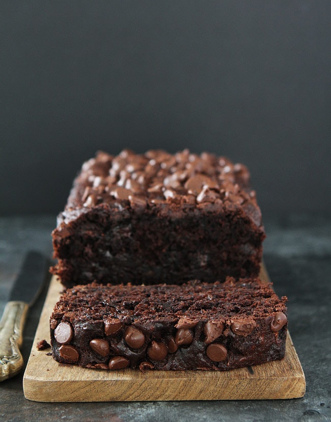 Chocolate Banana Bread on wood board