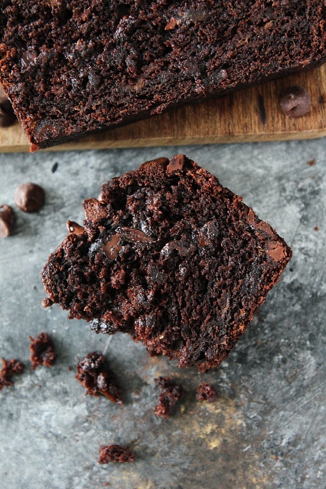 Chocolate Banana Bread piece with crumbs