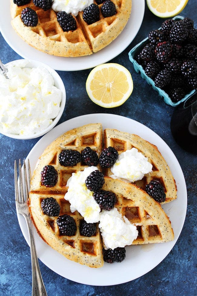 Lemon Poppy Seed Waffles with lemon whipped cream and fresh blackberries make a wonderful breakfast or brunch.