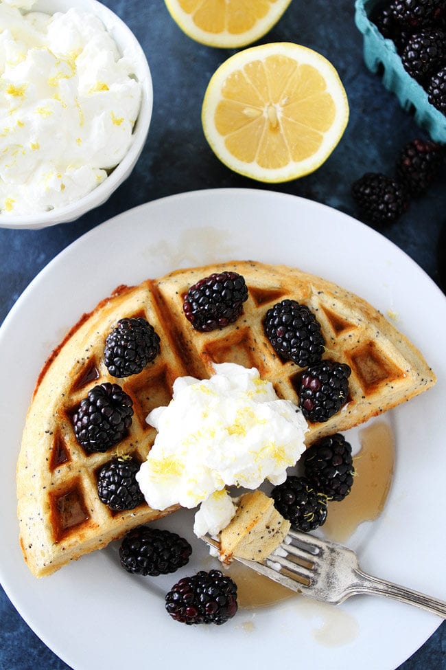 Lemon Poppy Seed Waffles with lemon whipped cream makes a great weekend brunch!