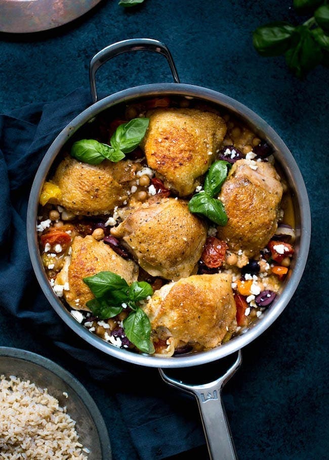 skillet chicken with chickpeas, tomatoes, and olives