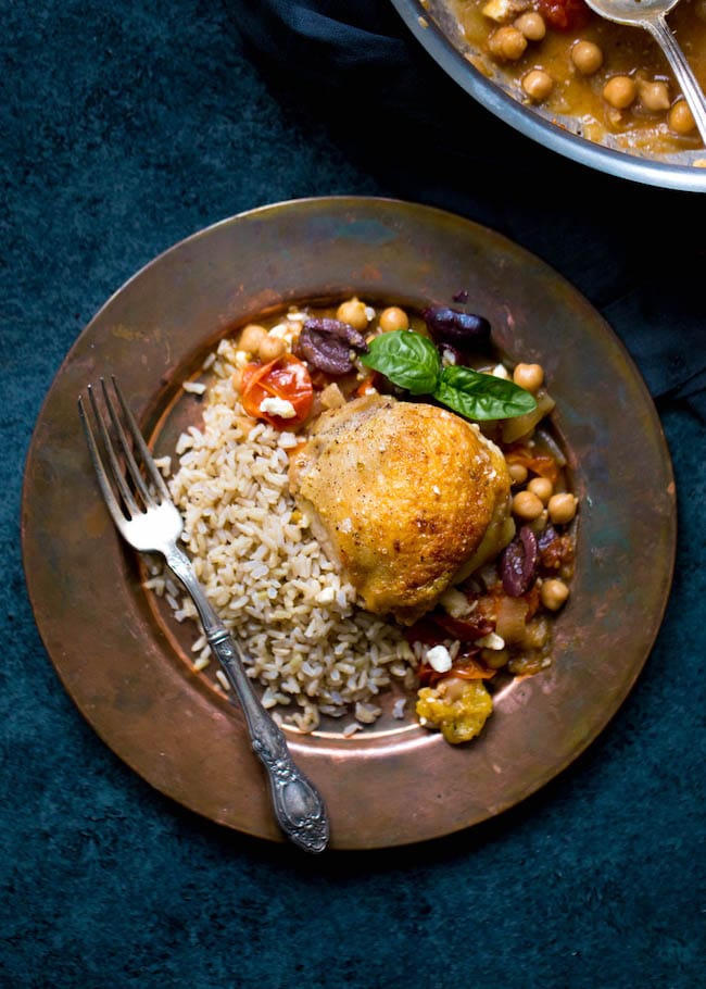 Skillet Chicken with Chickpeas, Tomatoes, and Olives Recipe
