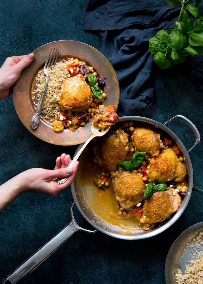 Skillet Chicken with Chickpeas, Tomatoes, and Olives Recipe