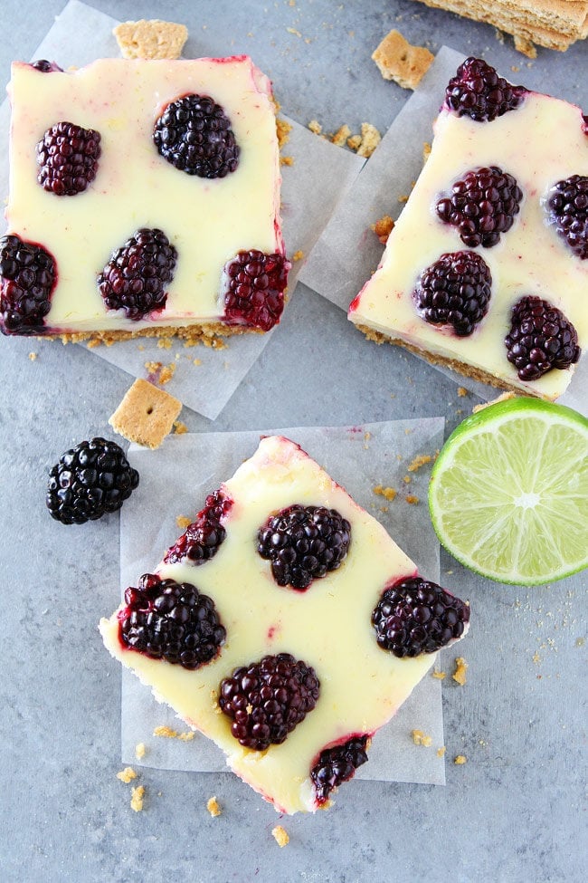 Blackberry Lime Bars are made with a creamy, lime filling, fresh blackberries, and an easy graham cracker crust.