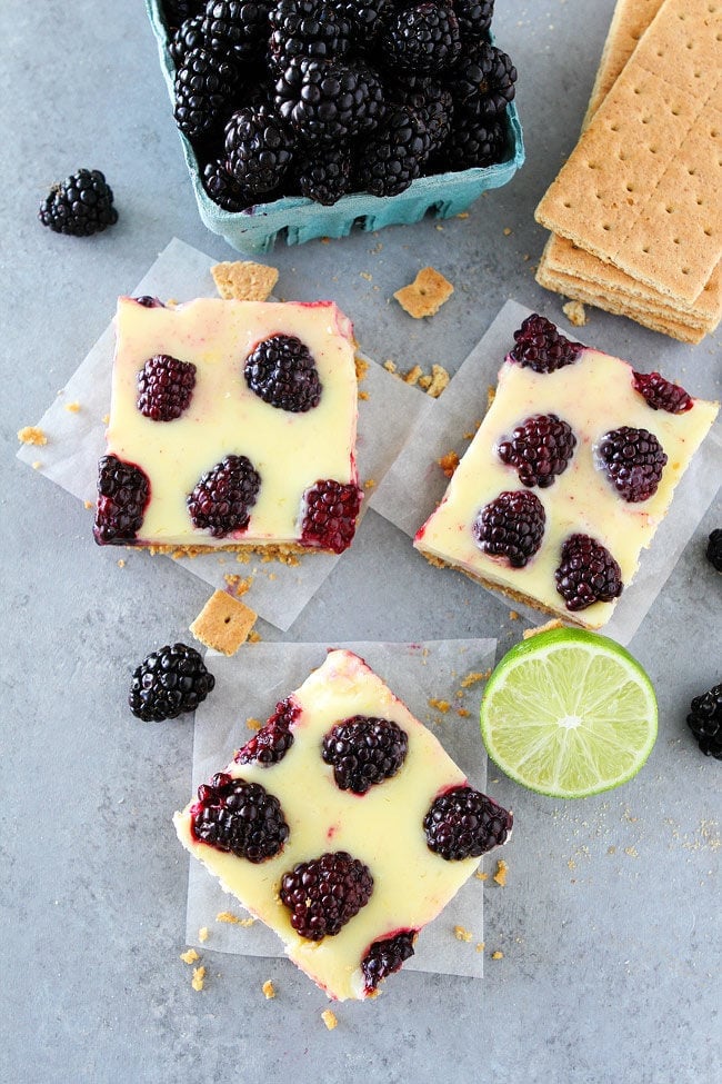 Blackberry Lime Bars made with a creamy, lime filling, fresh blackberries, and an easy graham cracker crust. Perfect summer dessert!