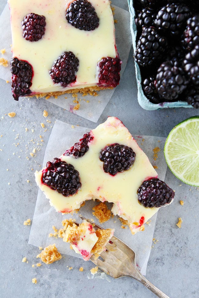 Blackberry Lime Bars have a creamy, tart lime filling, fresh blackberries, and an easy graham cracker crust.