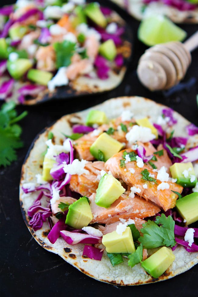 Salmon fish tacos loaded with toppings