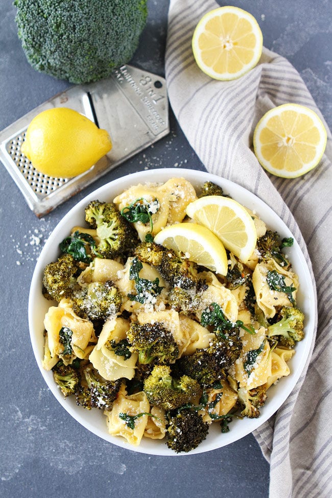 Tortellini with roasted broccoli in aa bowl 