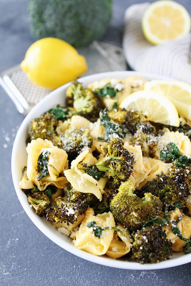 Cheese Tortellini Recipe with lemon roasted broccoli and parmesan cheese 
