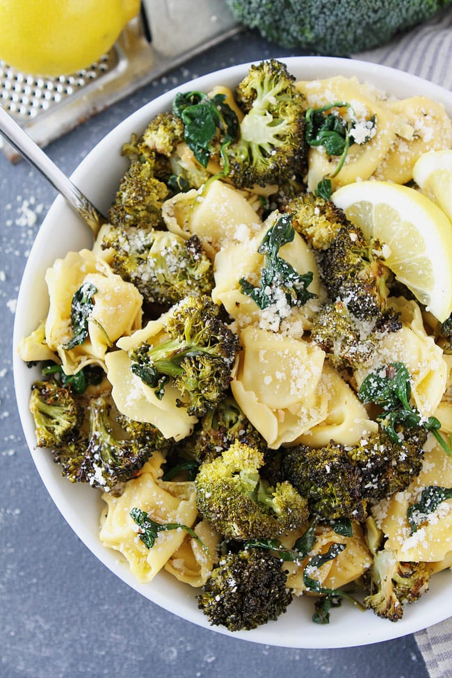 Easy Lemon Broccoli Tortellini with parmesan cheese in bowl 