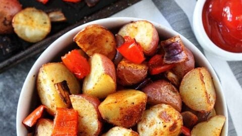 Baked breakfast potatoes in serving dish