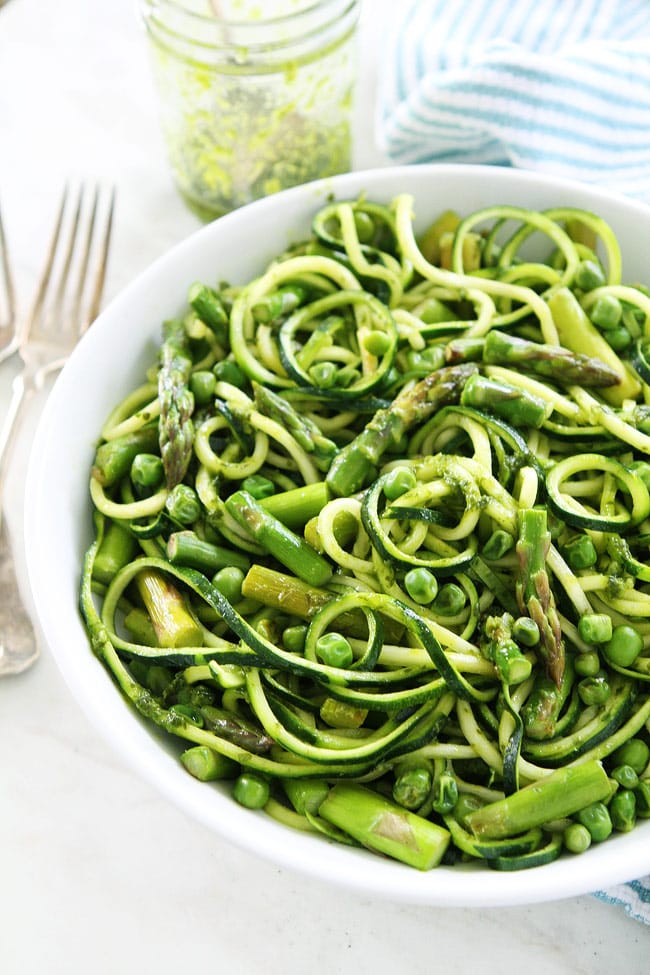 Zucchini Noodles with Asparagus, Peas, and Basil Vinaigrette Recipe