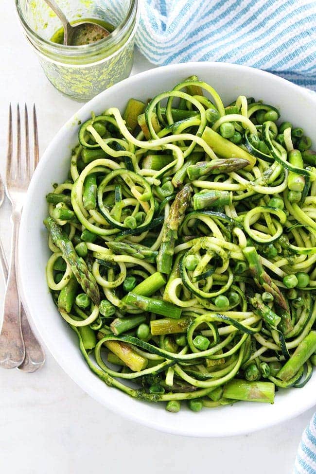 Zucchini Noodles with Asparagus, Peas, and Basil Vinaigrette Recipe