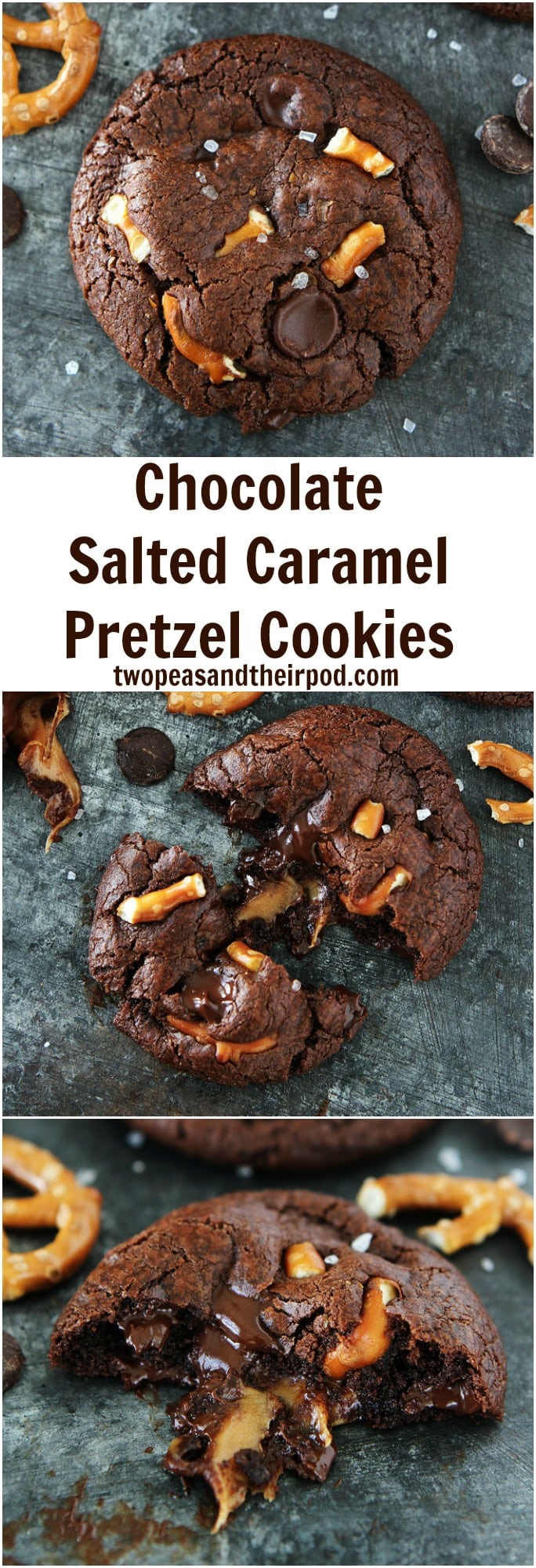 Chocolate Salted Caramel Pretzel Cookies are DIVINE! You will love the gooey caramel center with pretzel pieces and sea salt! #cookies #chocolate #caramel