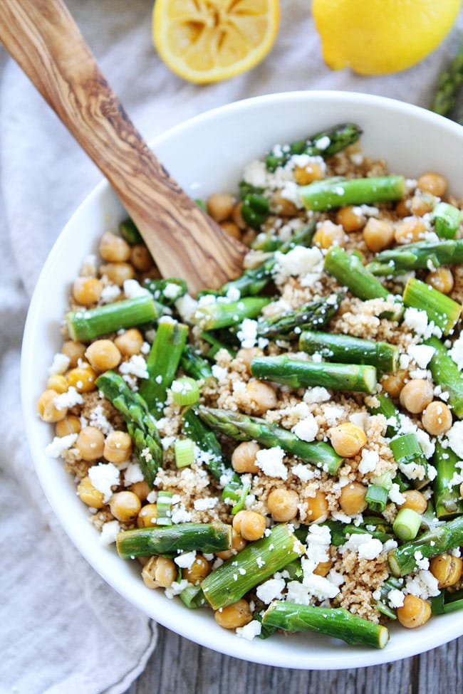 Asparagus Chickpea Quinoa Salad in bowl with spoon