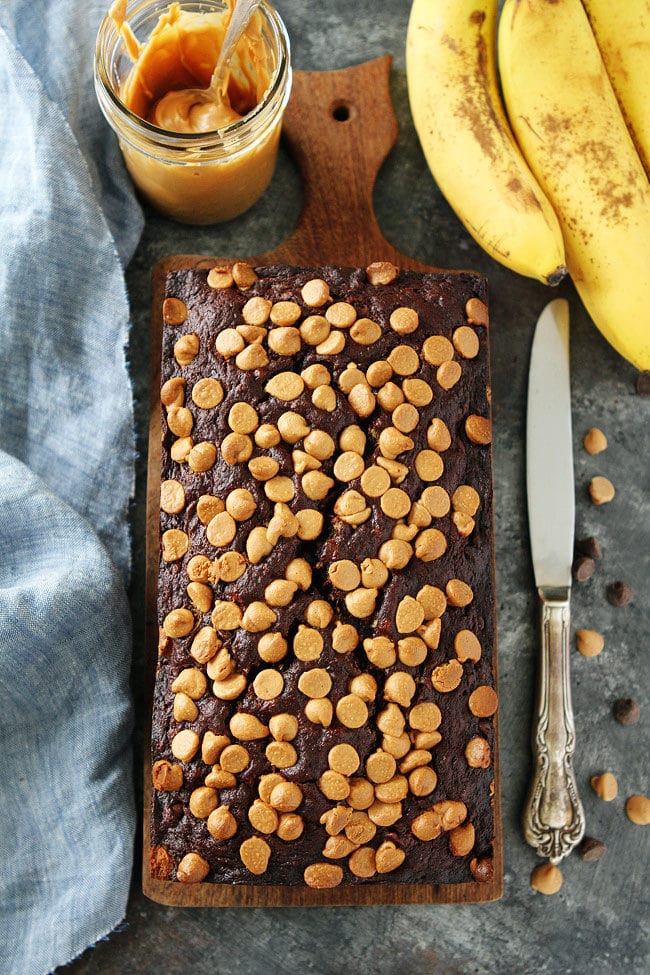 Chocolate Peanut Butter Banana Bread Moist chocolate banana bread with a peanut butter swirl and peanut butter chips on top! This quick and easy banana bread recipe is a family favorite!