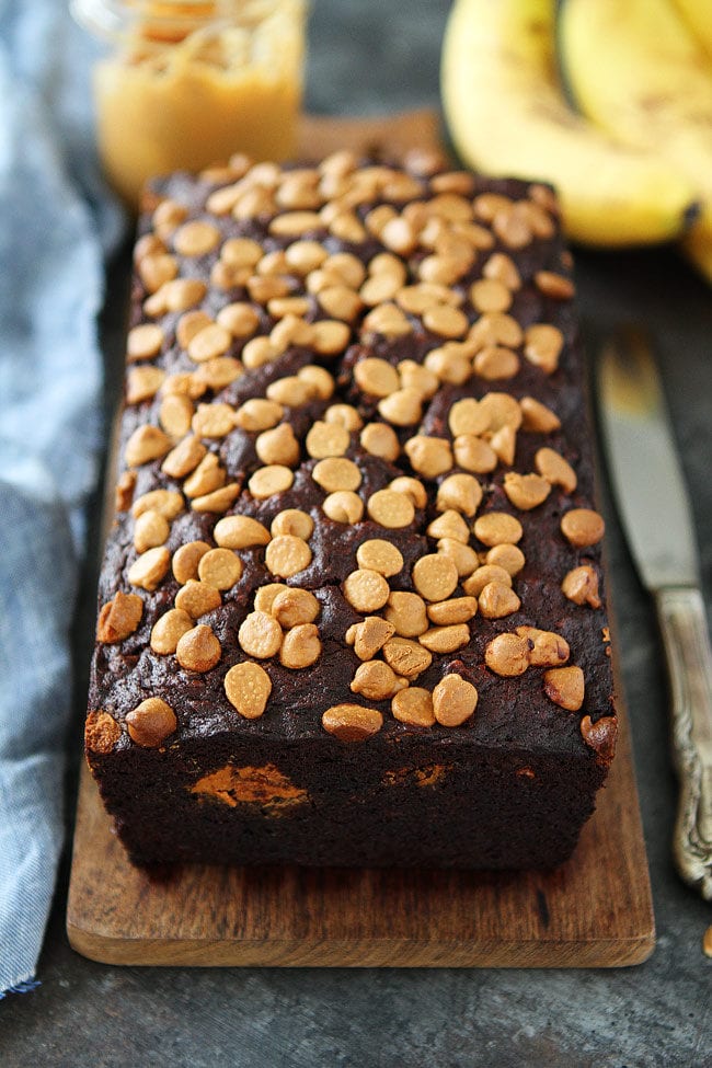 Chocolate Peanut Butter Banana Bread This easy quick bread recipe is a family favorite! 