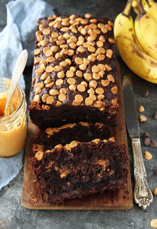 Chocolate Peanut Butter Banana Bread with a creamy peanut butter swirl and peanut butter chips