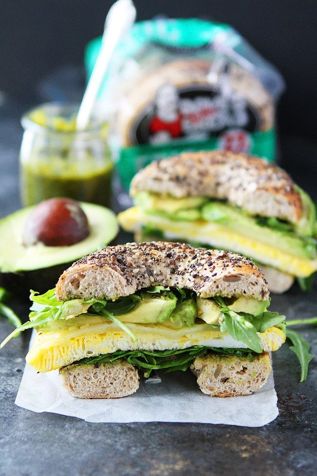 Egg, Avocado, and Pesto Bagel Sandwich Recipe.
