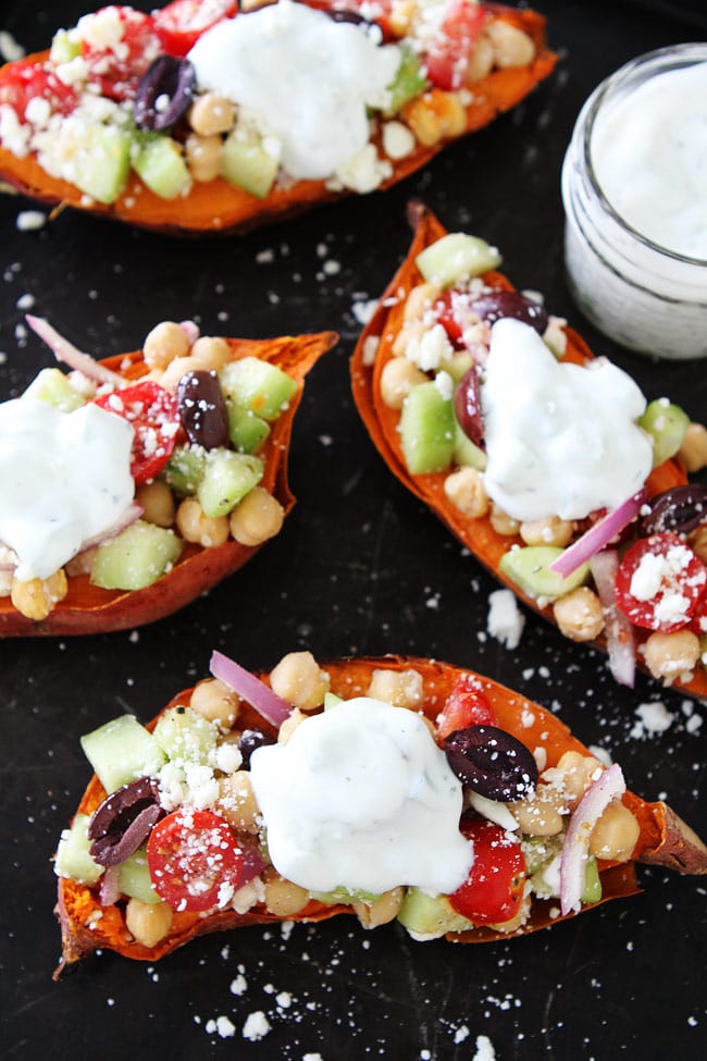 Greek Stuffed Sweet Potatoes make a great easy weeknight dinner. 