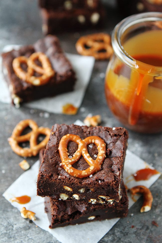 Salted Caramel Pretzel Brownies are fudgy, gooey brownies with salty pretzel pieces and a layer of salted caramel sauce. Everyone loves these sweet and salty brownies.