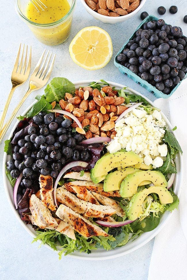 Grilled Chicken Salad with blueberries, avocado, almonds, red onion, feta, and a simple lemon poppy seed dressing in bowl. 
