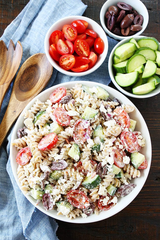 Creamy Pasta Salad with Feta Cheese in Serving Dish