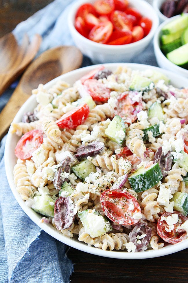 Greek Pasta Salad with Feta Cheese, Cucumber, Olive, Tomato, and Onion