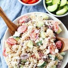 Greek Pasta Salad made with Green Yogurt, ready to serve