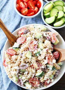 Greek Pasta Salad made with Green Yogurt, ready to serve