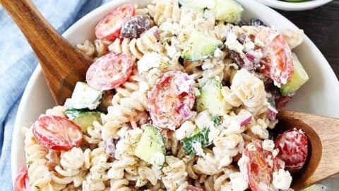 Greek Pasta Salad made with Green Yogurt, ready to serve